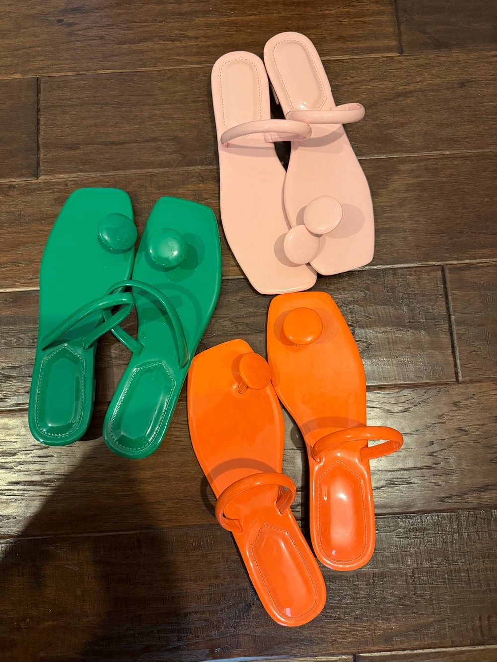 SHEIN Glossy Square-Toe Toe-Ring Sandals in Pink, Green & Orange